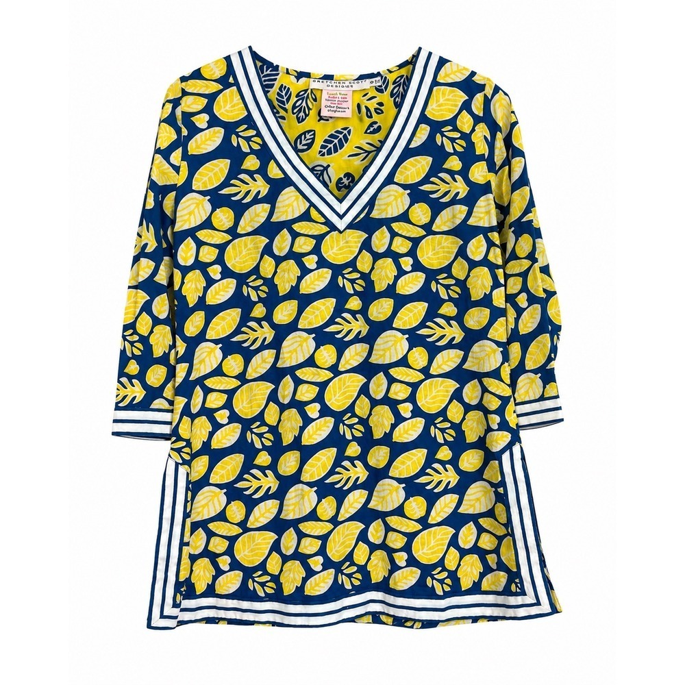 Gretchen Scott Blue Yellow Leaf Print Cotton Tunic Top Small Preppy Coastal Boho